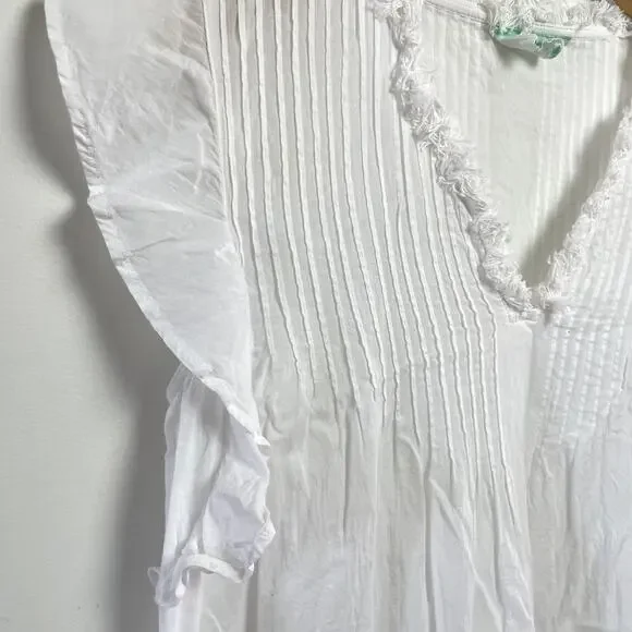 White Pintuck Boho Crochet Fringe Tunic Top Small Cotton Flutter Sleeve Coastal - Picture 2 of 8